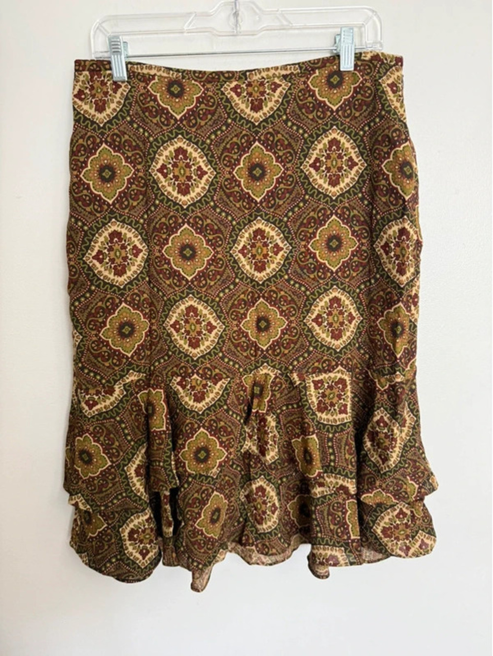 Vintage Wool LOFT Brown Medallion Print Ruffled Midi Skirt - Size 10
